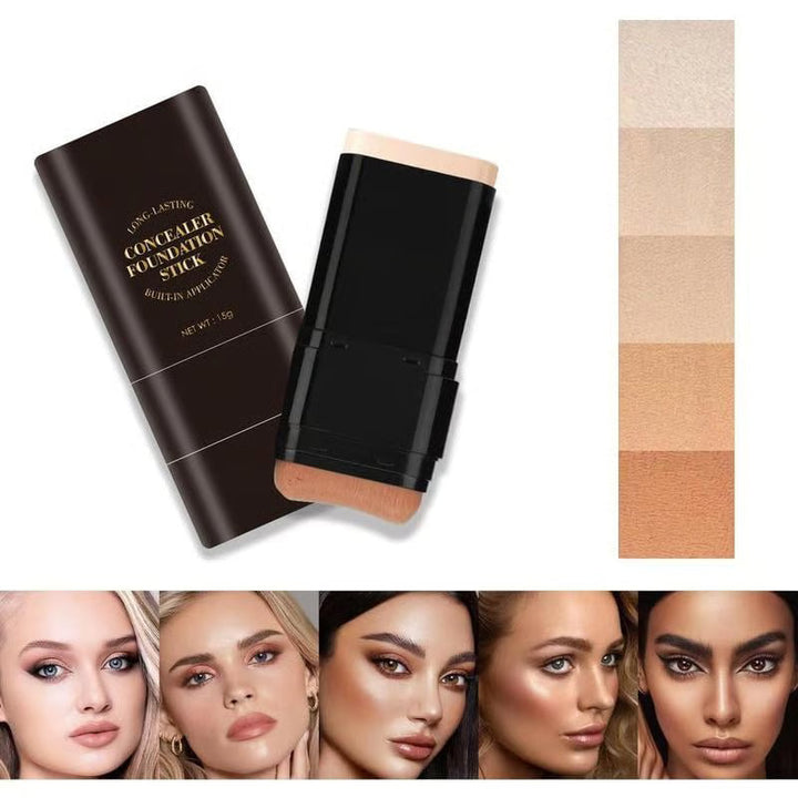 Concealer stick foundation, double-ended with built-in brush, moisturizing and lightweight