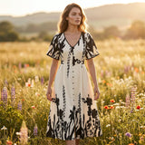 Elegant V-Neck Botanical Print Midi Dress