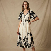 Elegant V-Neck Botanical Print Midi Dress