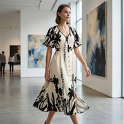 Elegant V-Neck Botanical Print Midi Dress