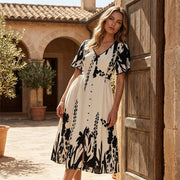 Elegant V-Neck Botanical Print Midi Dress