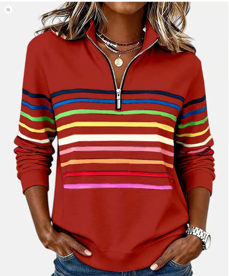 Half-Zip Collar Fashionable Rainbow Striped Sweatshirt