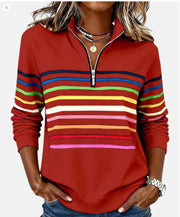 Half-Zip Collar Fashionable Rainbow Striped Sweatshirt
