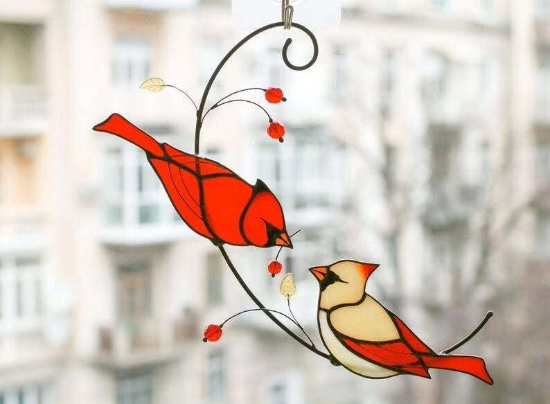 🔥 Pair of Cardinal bird stained ornament