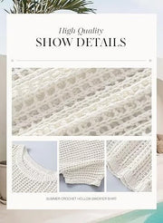 Short Sleeve Crochet Sweater Lightweight Summer Tops Loose Hollow Out Crewneck Pullover