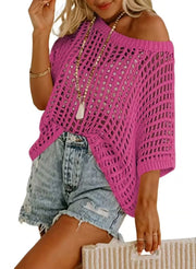 Short Sleeve Crochet Sweater Lightweight Summer Tops Loose Hollow Out Crewneck Pullover