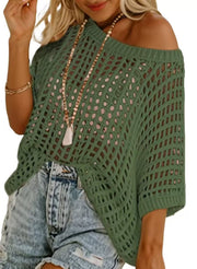 Short Sleeve Crochet Sweater Lightweight Summer Tops Loose Hollow Out Crewneck Pullover