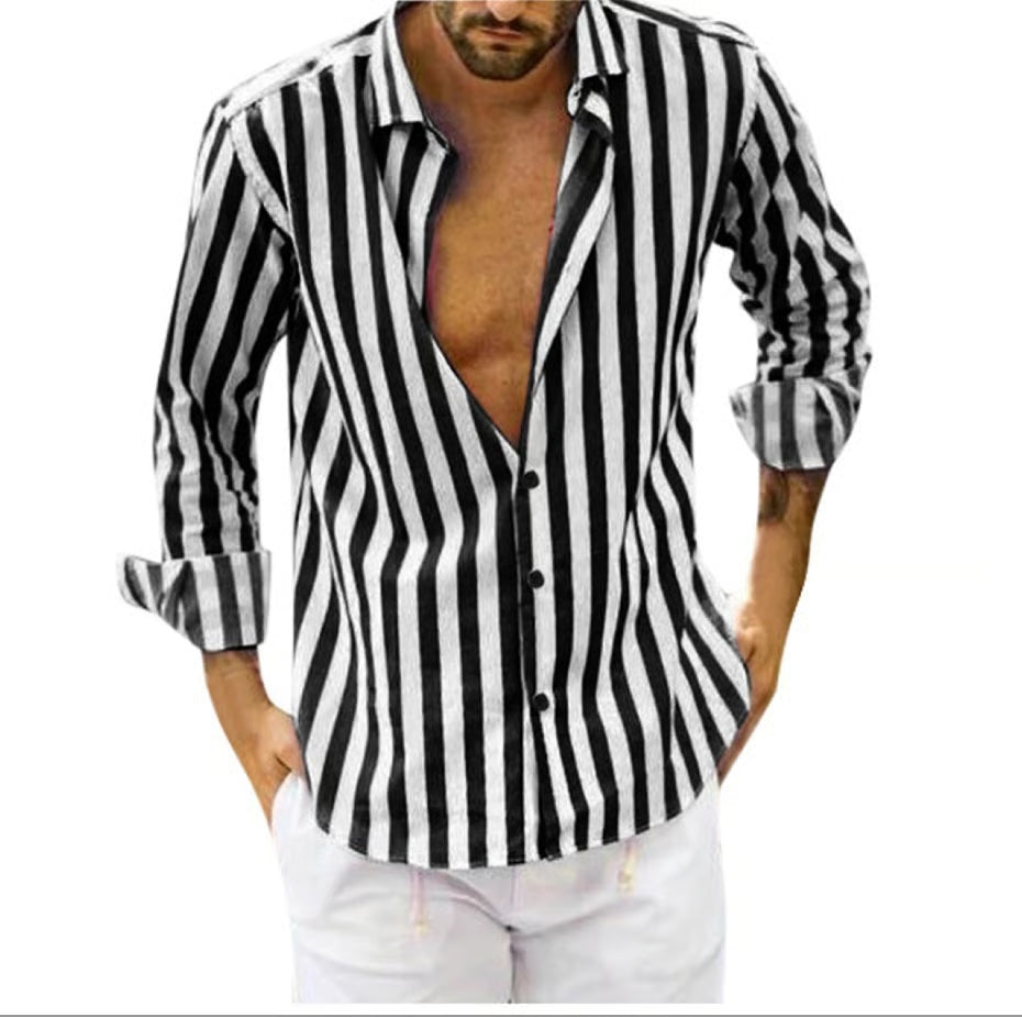 Spring summer men's polyester striped button shirt